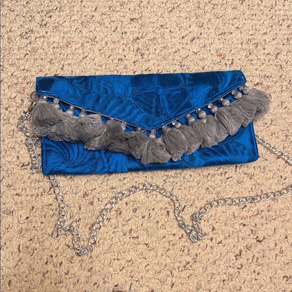 Blue Clutch with Gray Tassels and Silver Chain